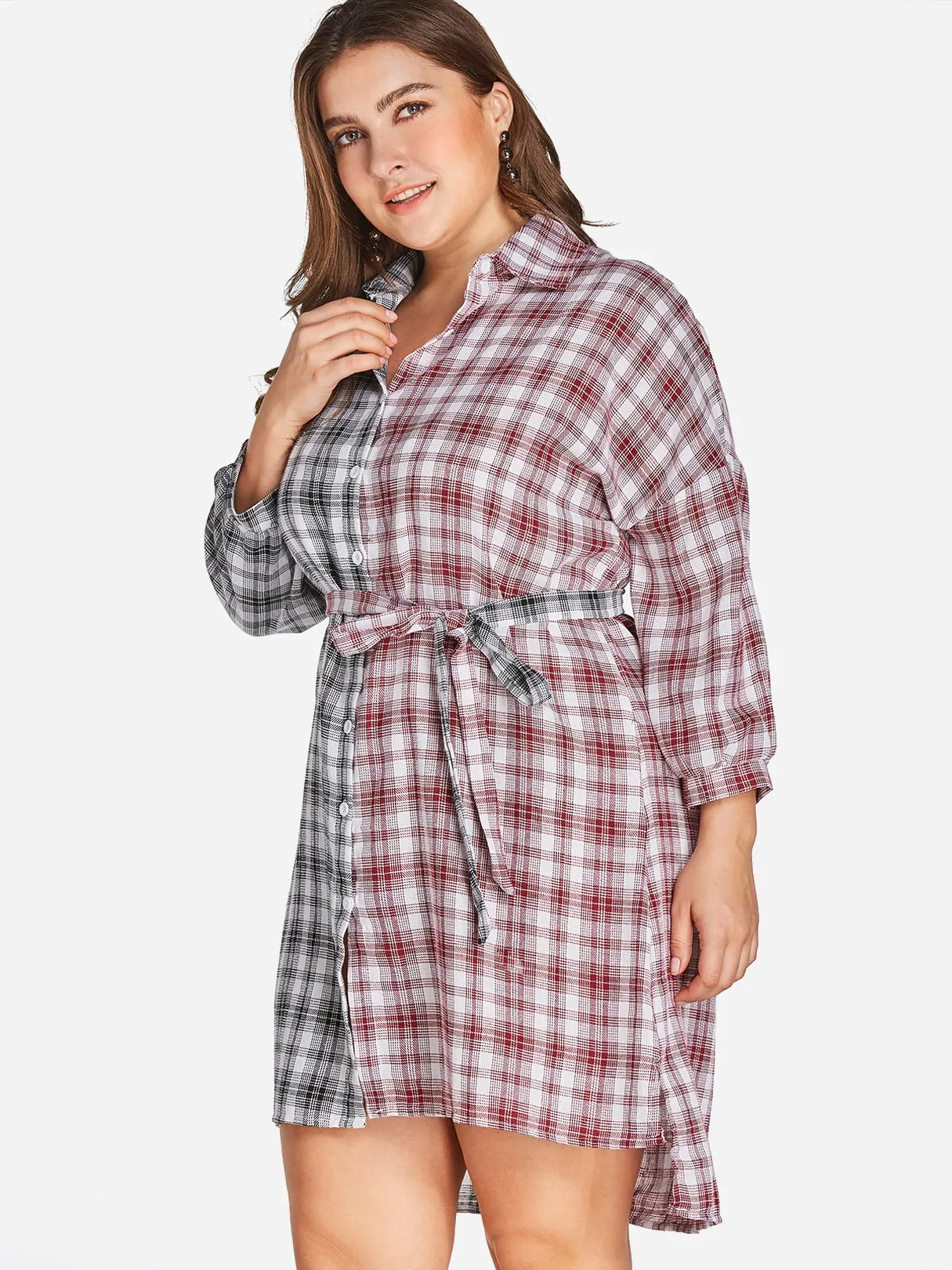 OEM ODM Classic Collar Grid Long Sleeve Curved Hem Plus Size Dress