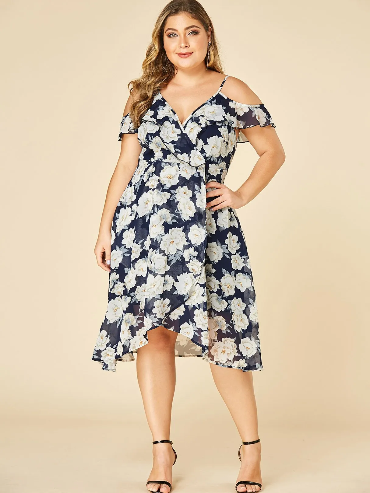 OEM ODM Cold Shoulder Floral Print Ruffle Trim Short Sleeve Flounced Hem Plus Size Dress