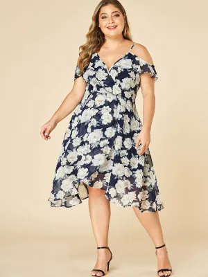 OEM ODM Cold Shoulder Floral Print Ruffle Trim Short Sleeve Flounced Hem Plus Size Dress