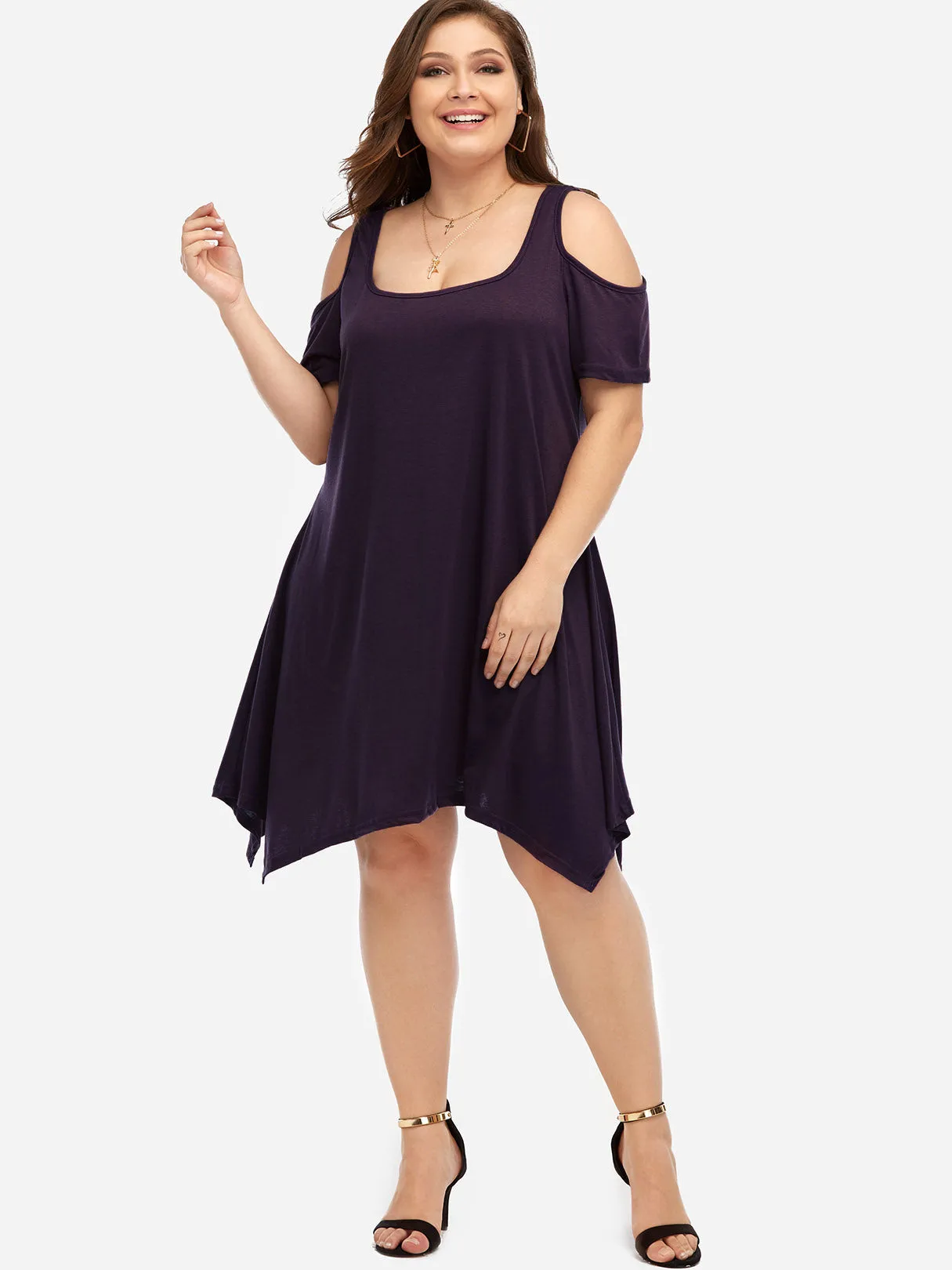 OEM ODM Cold Shoulder Plain Short Sleeve Handkerchief Hem Purple Plus Size Dresses