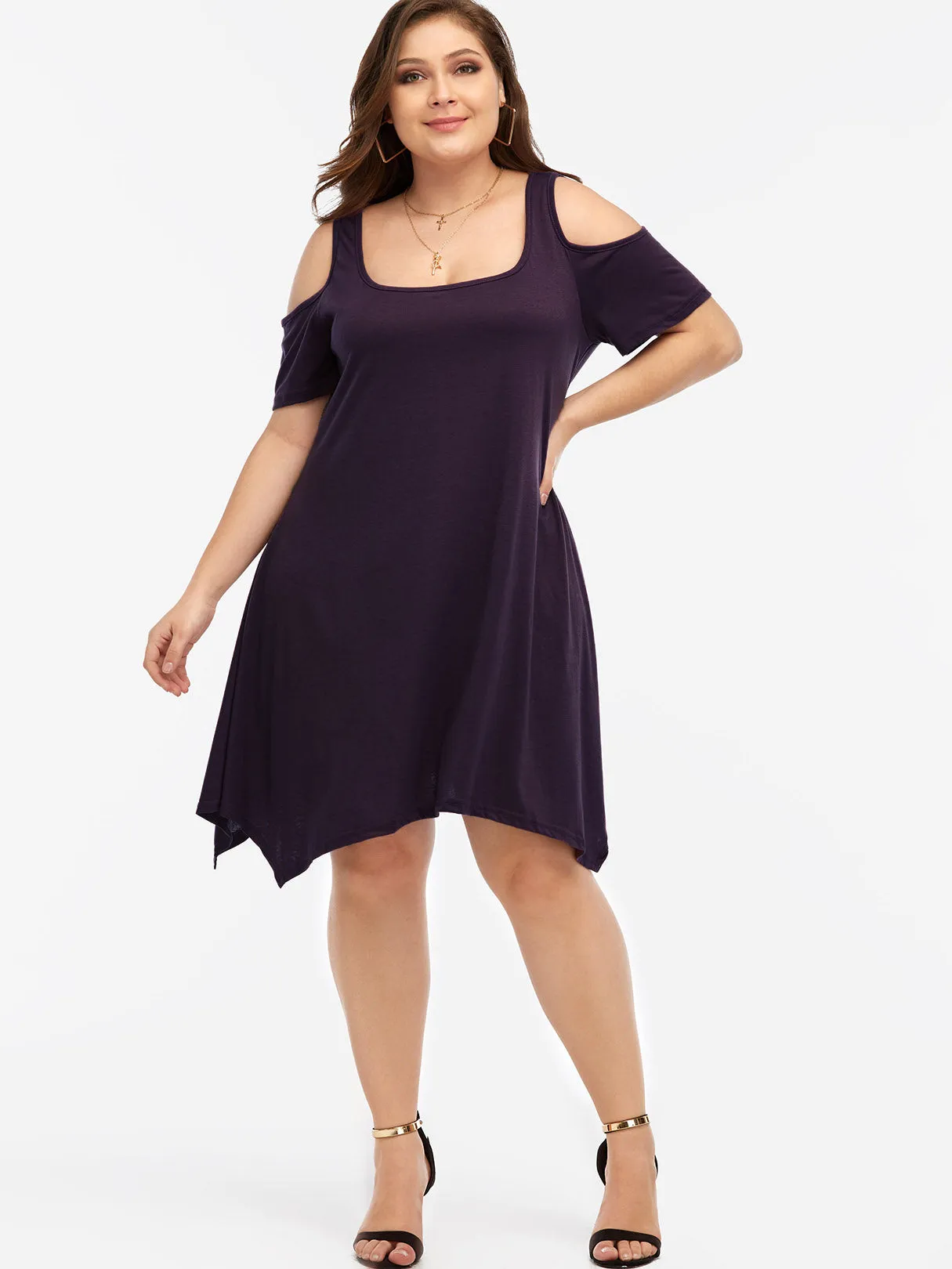 OEM ODM Cold Shoulder Plain Short Sleeve Handkerchief Hem Purple Plus Size Dresses