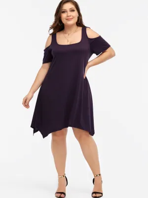 OEM ODM Cold Shoulder Plain Short Sleeve Handkerchief Hem Purple Plus Size Dresses