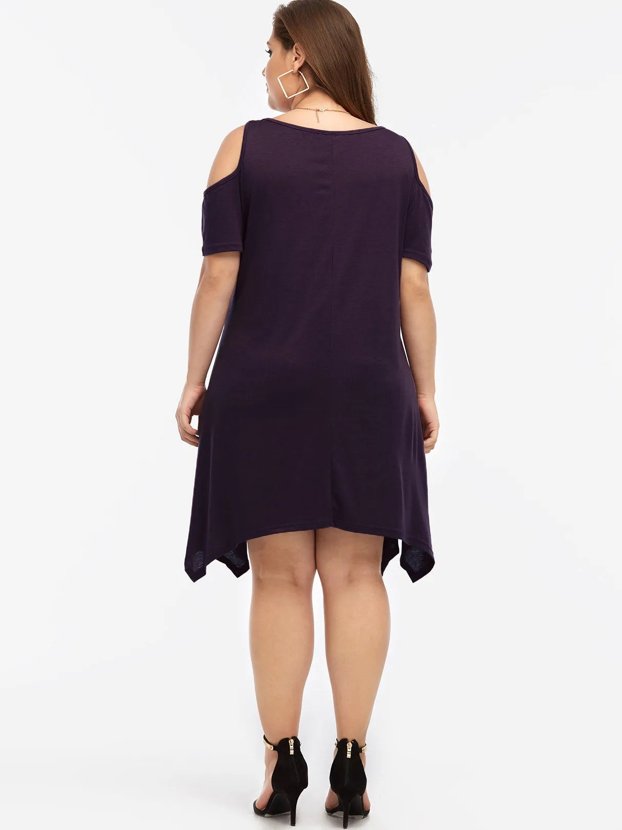 OEM ODM Cold Shoulder Plain Short Sleeve Handkerchief Hem Purple Plus Size Dresses