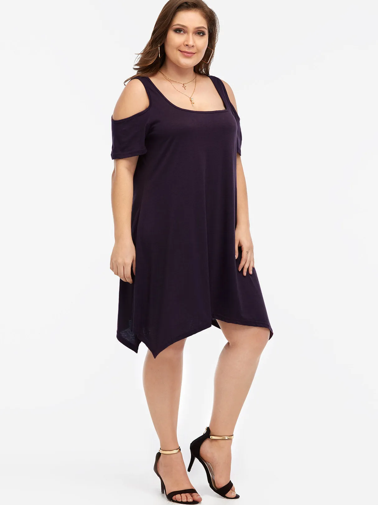 OEM ODM Cold Shoulder Plain Short Sleeve Handkerchief Hem Purple Plus Size Dresses