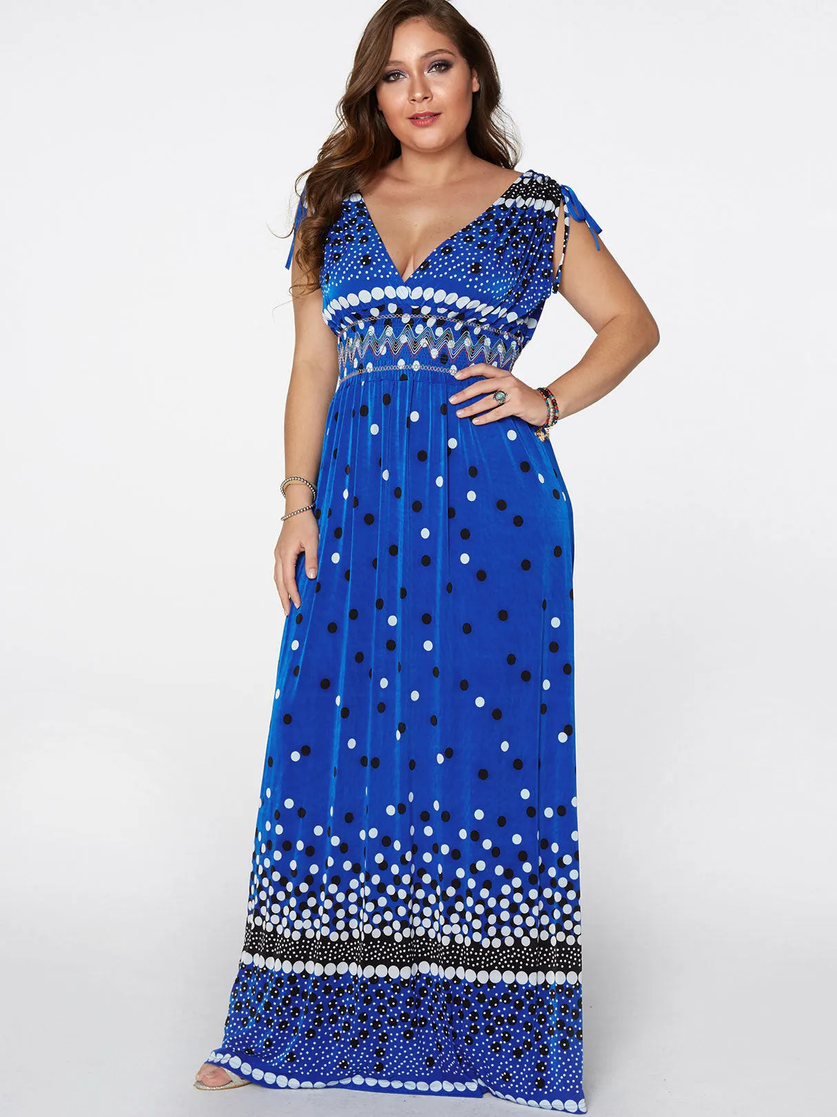 OEM ODM Deep V Neck Polka Dot Backless Pleated Self-Tie Sleeveless Plus Size Maxi Dress