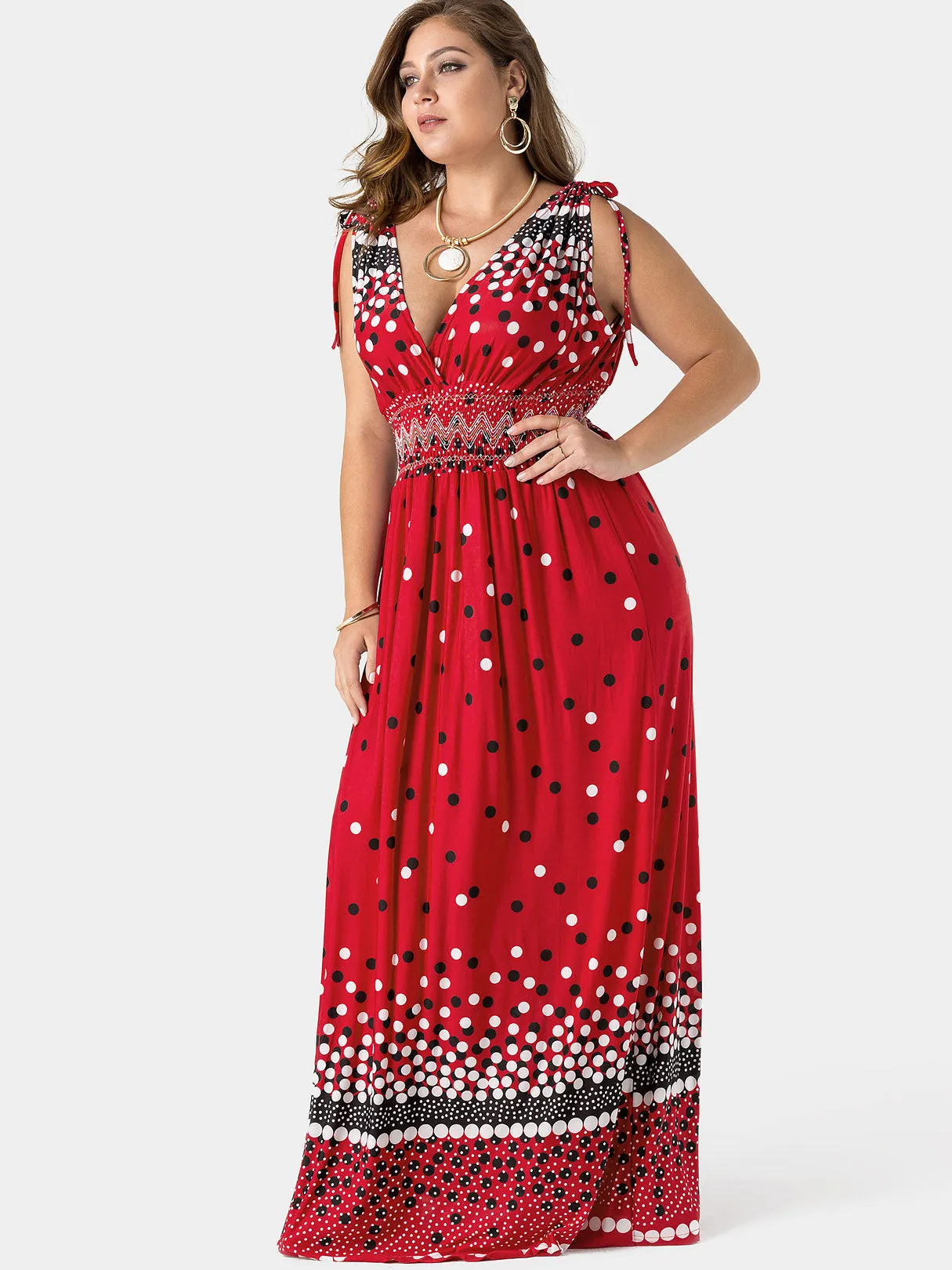 OEM ODM Deep V Neck Polka Dot Backless Pleated Self-Tie Sleeveless Plus Size Maxi Dress
