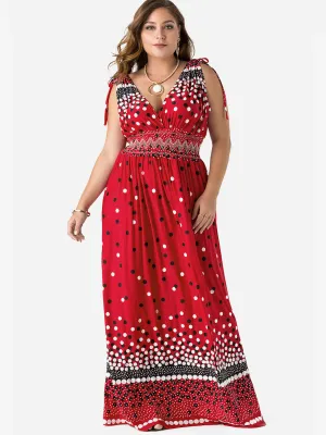 OEM ODM Deep V Neck Polka Dot Backless Pleated Self-Tie Sleeveless Plus Size Maxi Dress