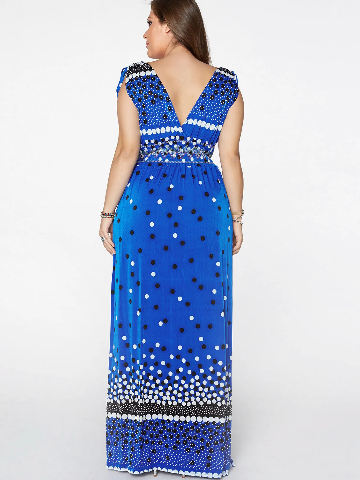 OEM ODM Deep V Neck Polka Dot Backless Pleated Self-Tie Sleeveless Plus Size Maxi Dress