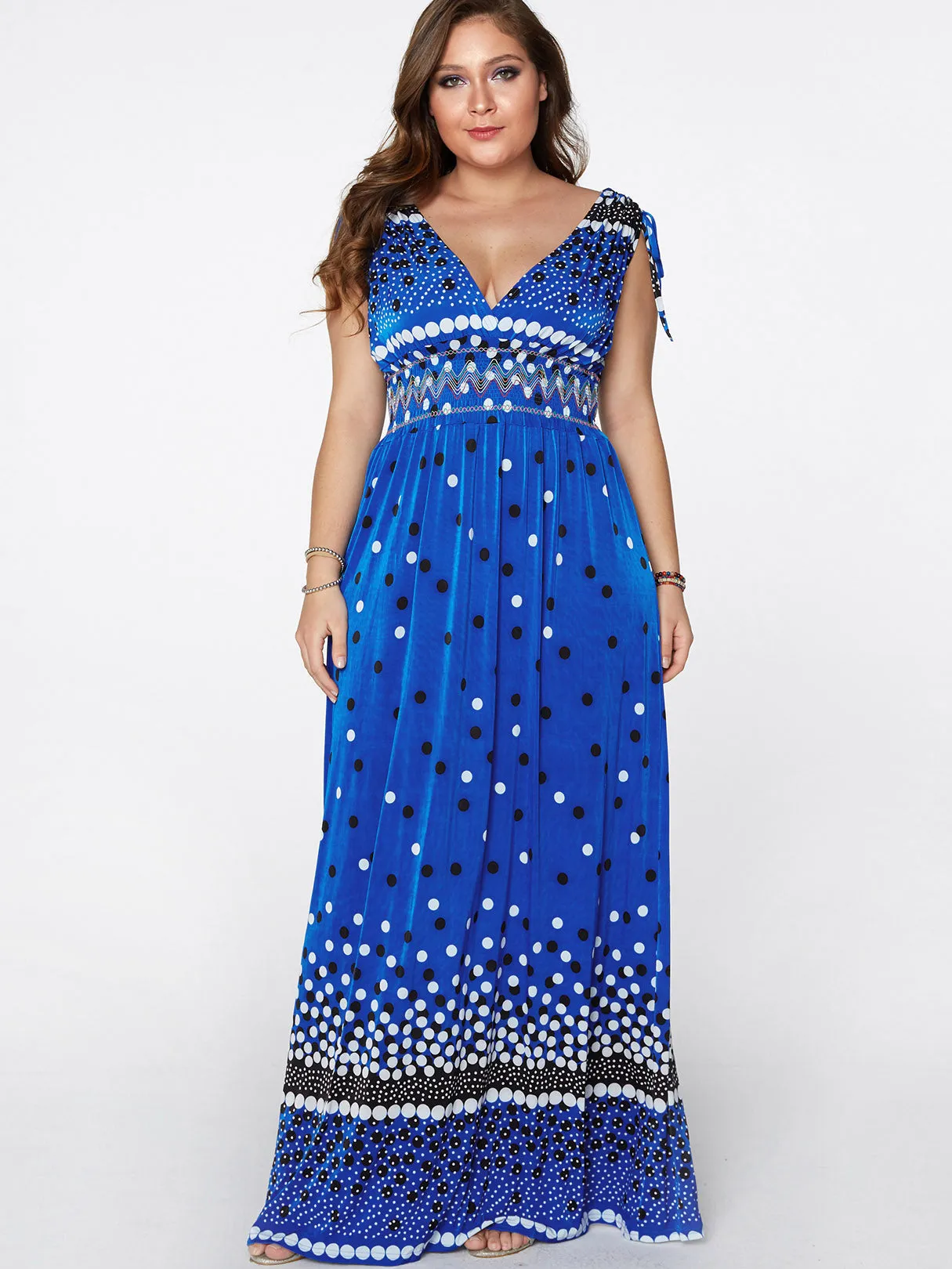 OEM ODM Deep V Neck Polka Dot Backless Pleated Self-Tie Sleeveless Plus Size Maxi Dress