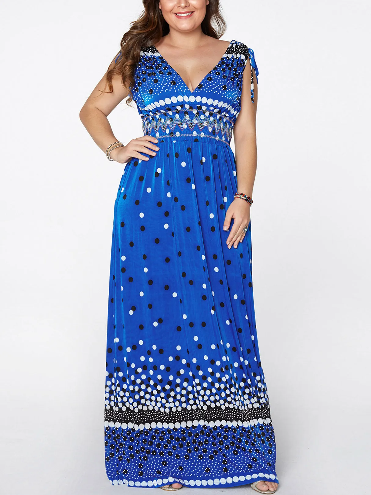 OEM ODM Deep V Neck Polka Dot Backless Pleated Self-Tie Sleeveless Plus Size Maxi Dress
