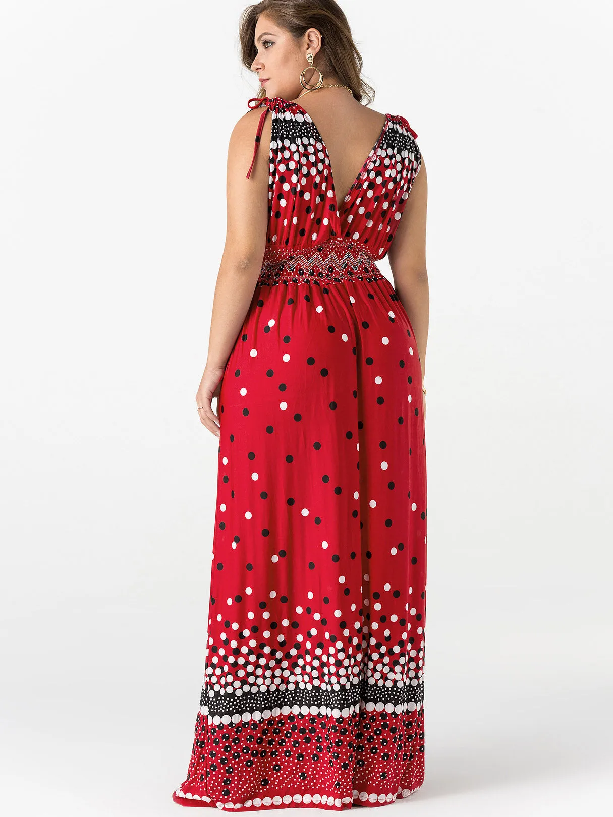 OEM ODM Deep V Neck Polka Dot Backless Pleated Self-Tie Sleeveless Plus Size Maxi Dress