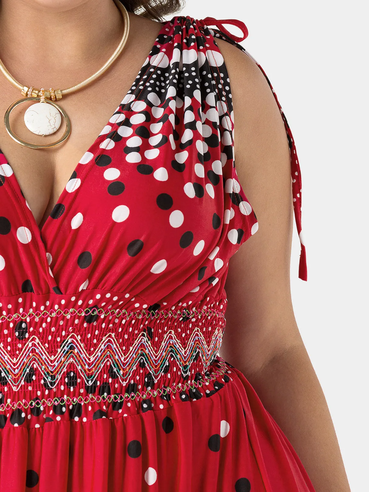 OEM ODM Deep V Neck Polka Dot Backless Pleated Self-Tie Sleeveless Plus Size Maxi Dress
