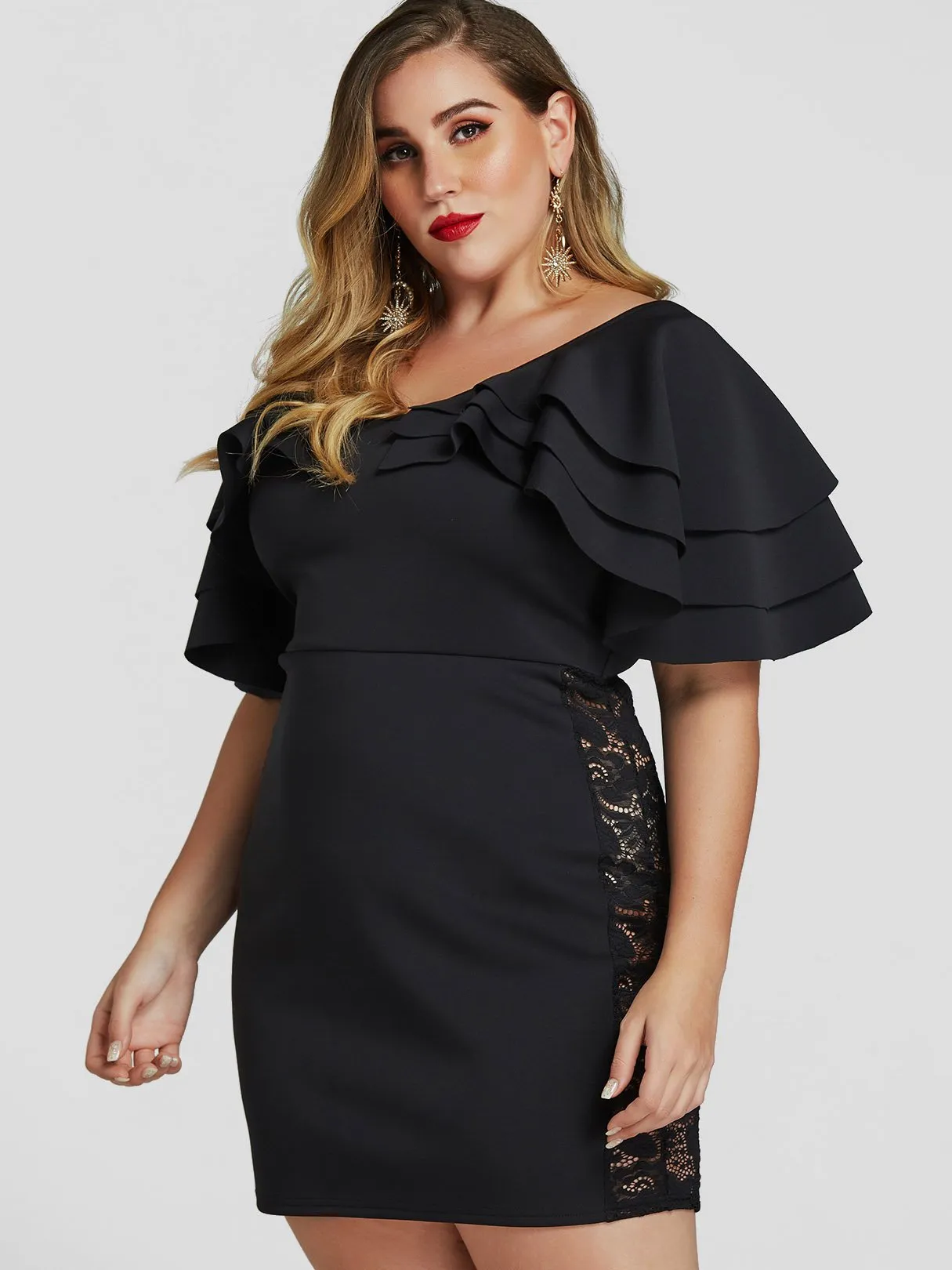 OEM ODM Plain Half Sleeve Bodycon Hem Black Plus Size Dress