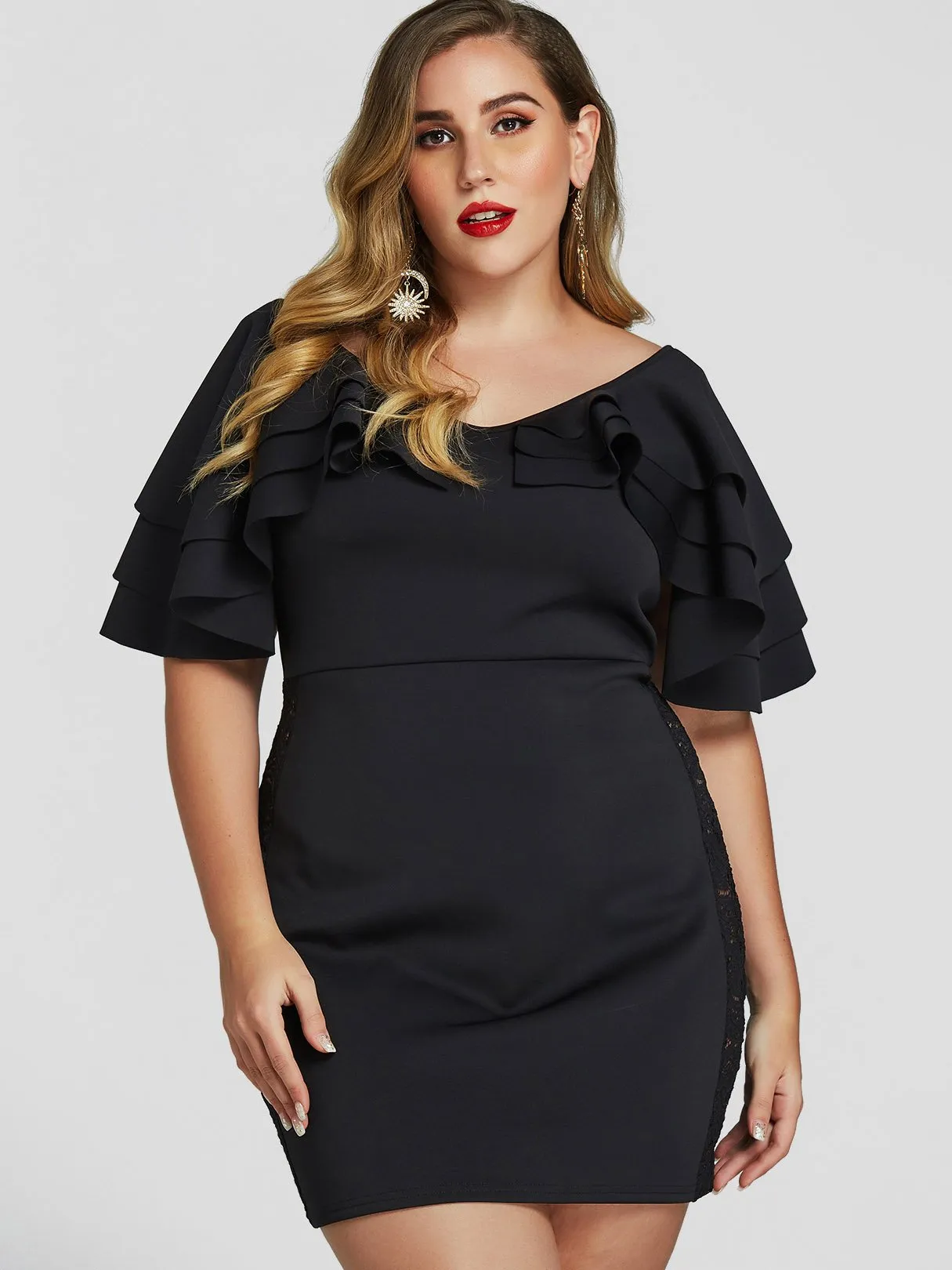 OEM ODM Plain Half Sleeve Bodycon Hem Black Plus Size Dress