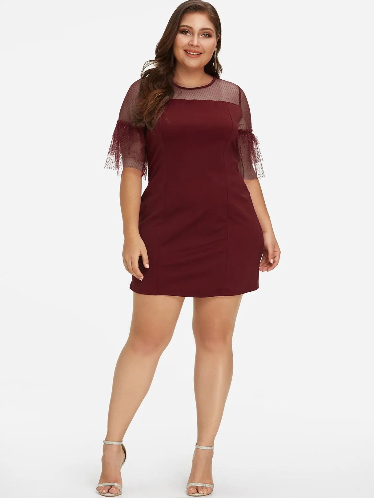 OEM ODM Roll Neck Plain Lace See Through Half Sleeve Burgundy Plus Size Dress