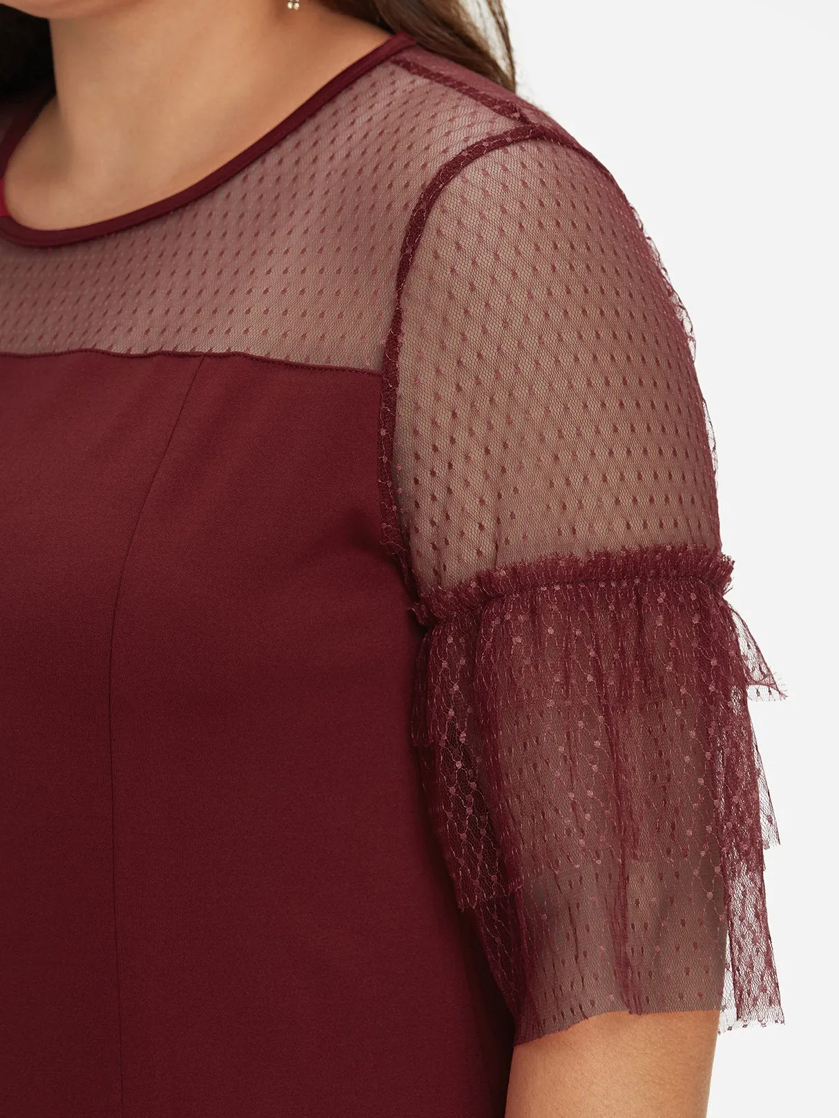 OEM ODM Roll Neck Plain Lace See Through Half Sleeve Burgundy Plus Size Dress