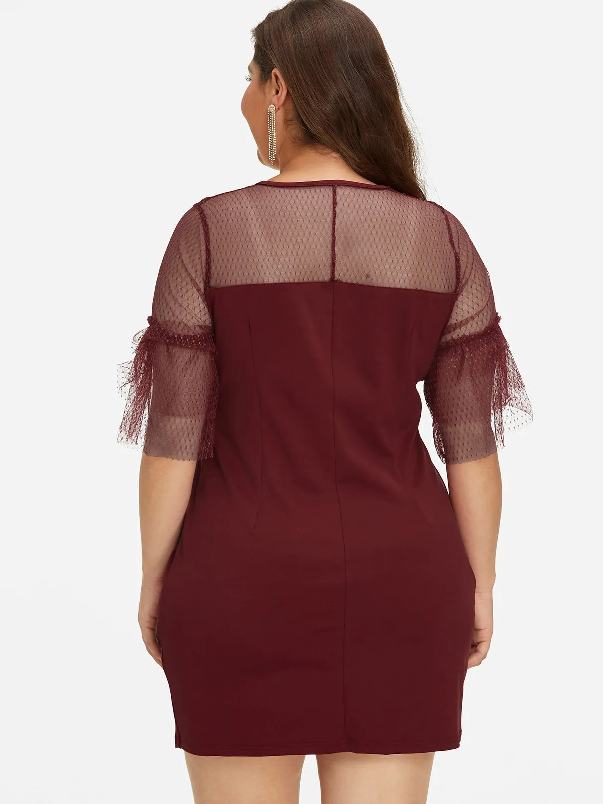 OEM ODM Roll Neck Plain Lace See Through Half Sleeve Burgundy Plus Size Dress