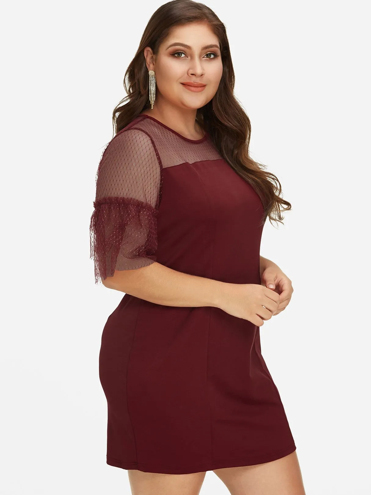 OEM ODM Roll Neck Plain Lace See Through Half Sleeve Burgundy Plus Size Dress