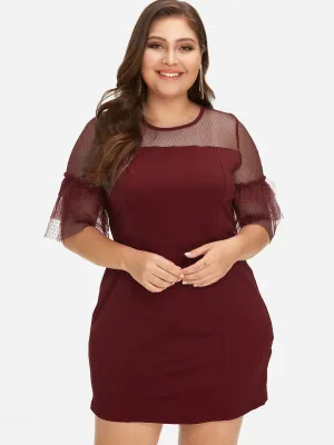 OEM ODM Roll Neck Plain Lace See Through Half Sleeve Burgundy Plus Size Dress