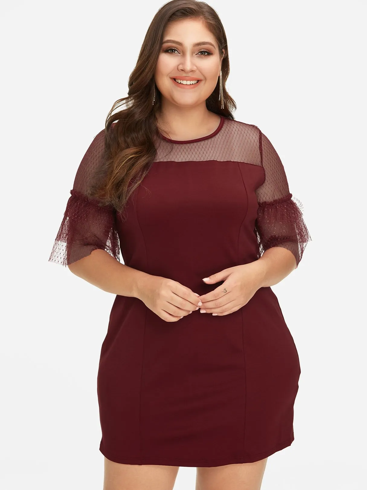 OEM ODM Roll Neck Plain Lace See Through Half Sleeve Burgundy Plus Size Dress