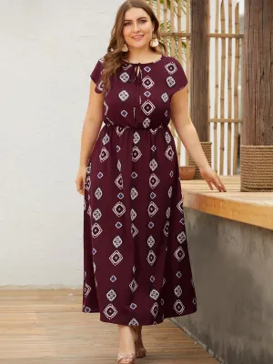 OEM ODM Round Neck Geometrical Short Sleeve Burgundy Plus Size Dress