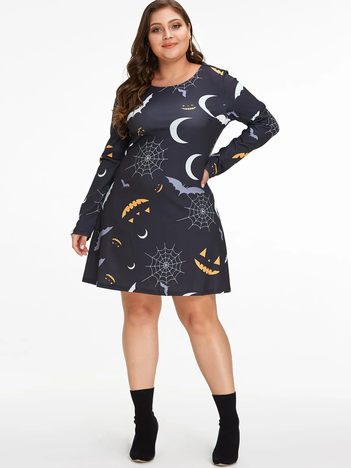 OEM ODM Round Neck Long Sleeve Black Plus Size Dress