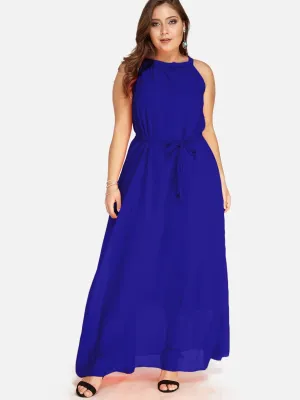 OEM ODM Round Neck Plain Self-Tie Sleeveless Blue Plus Size Dress
