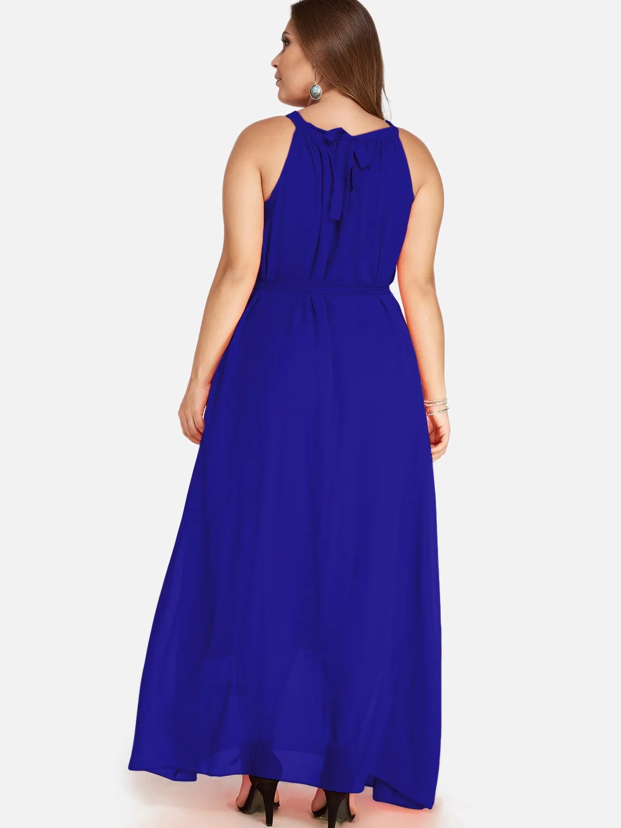 OEM ODM Round Neck Plain Self-Tie Sleeveless Blue Plus Size Dress