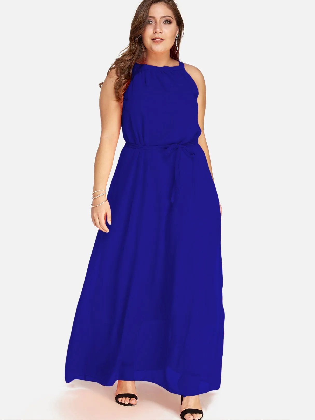 OEM ODM Round Neck Plain Self-Tie Sleeveless Blue Plus Size Dress