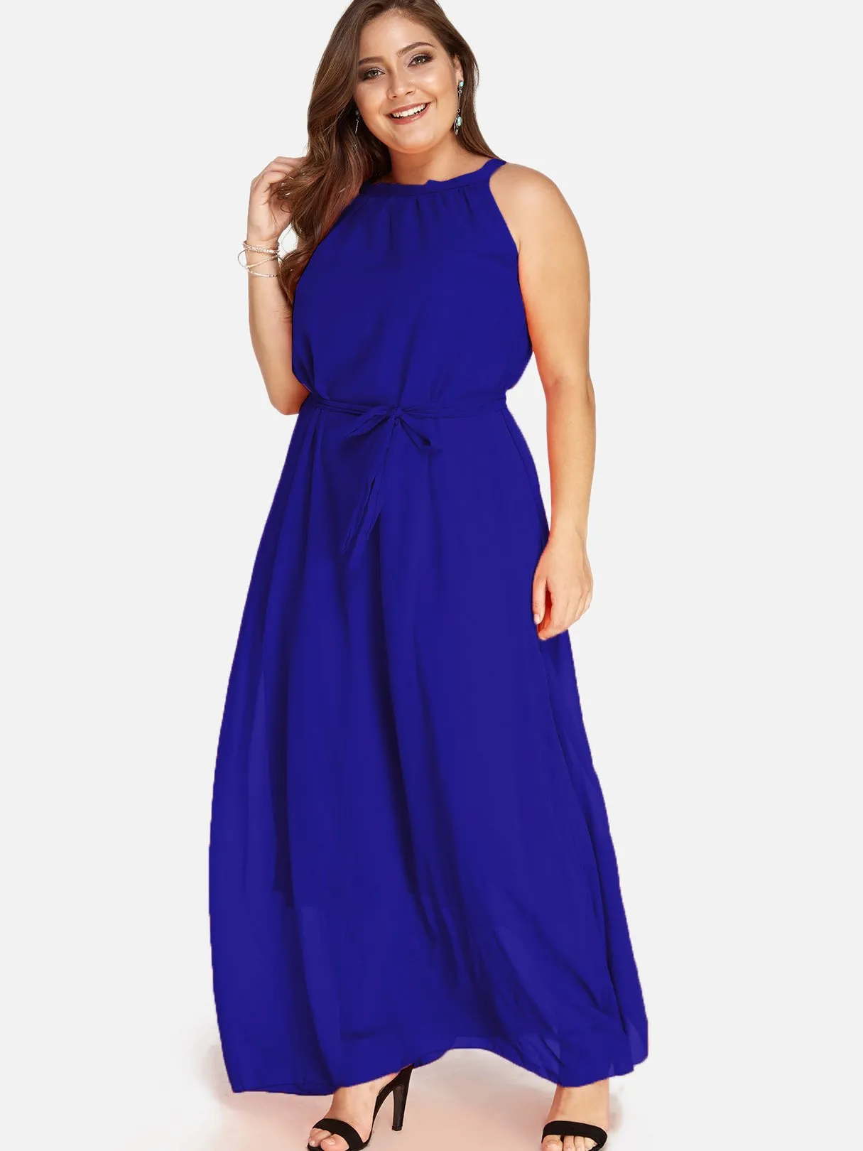 OEM ODM Round Neck Plain Self-Tie Sleeveless Blue Plus Size Dress