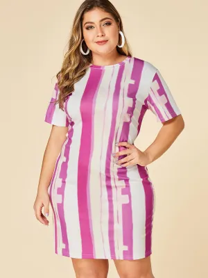 OEM ODM Round Neck Stripe Invisible Zipper Short Sleeve Plus Size Dress