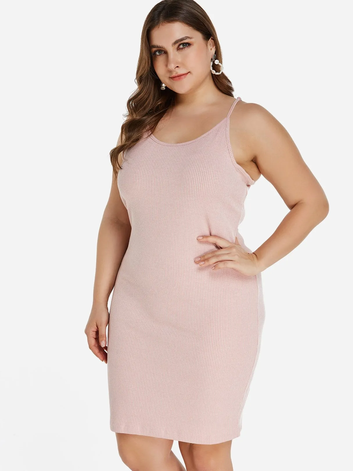 OEM ODM Scoop Neck Plain Sleeveless Bodycon Hem Pink Plus Size Dress