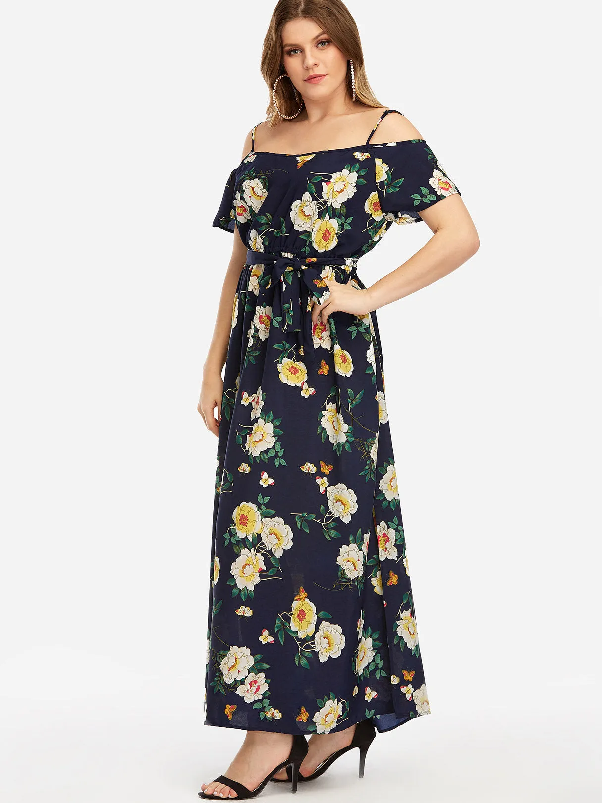 OEM ODM V-Neck Cold Shoulder Floral Print Self-Tie Short Sleeve Slit Hem Navy Plus Size Maxi Dresses