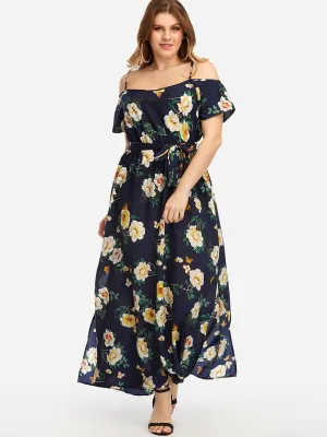 OEM ODM V-Neck Cold Shoulder Floral Print Self-Tie Short Sleeve Slit Hem Navy Plus Size Maxi Dresses