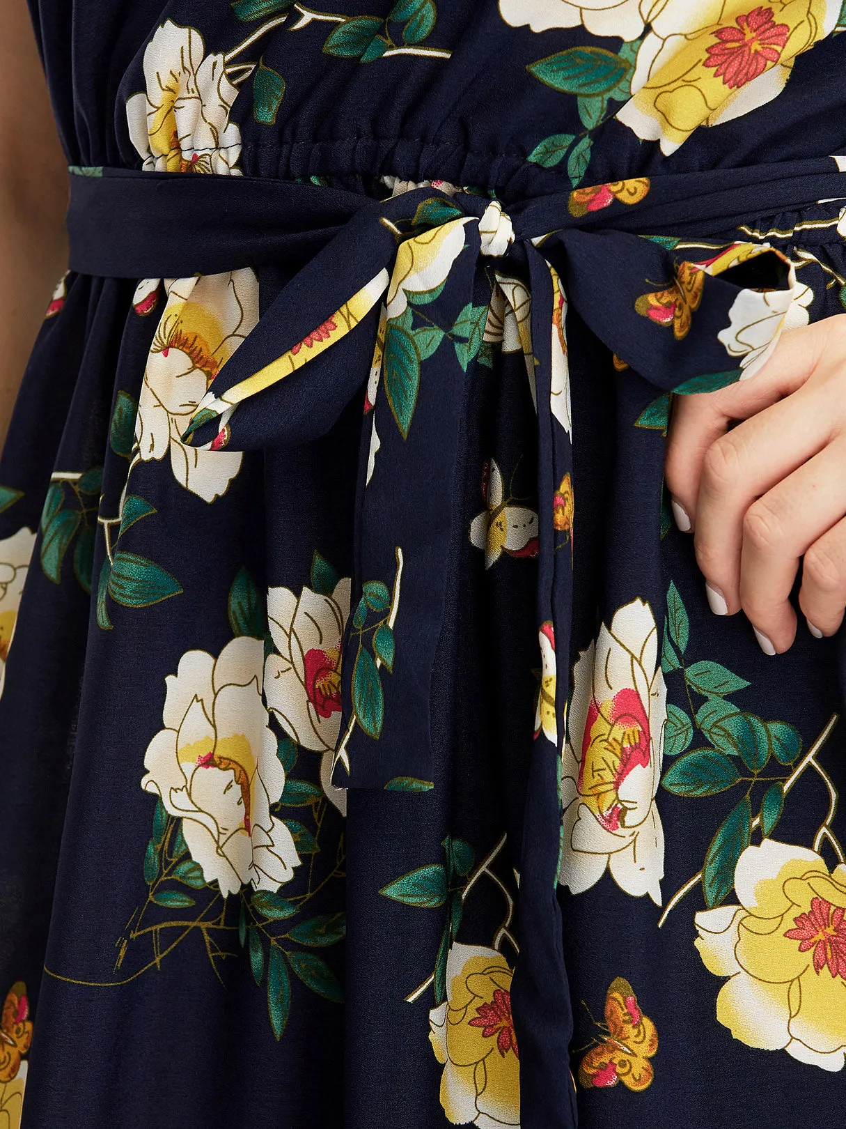 OEM ODM V-Neck Cold Shoulder Floral Print Self-Tie Short Sleeve Slit Hem Navy Plus Size Maxi Dresses