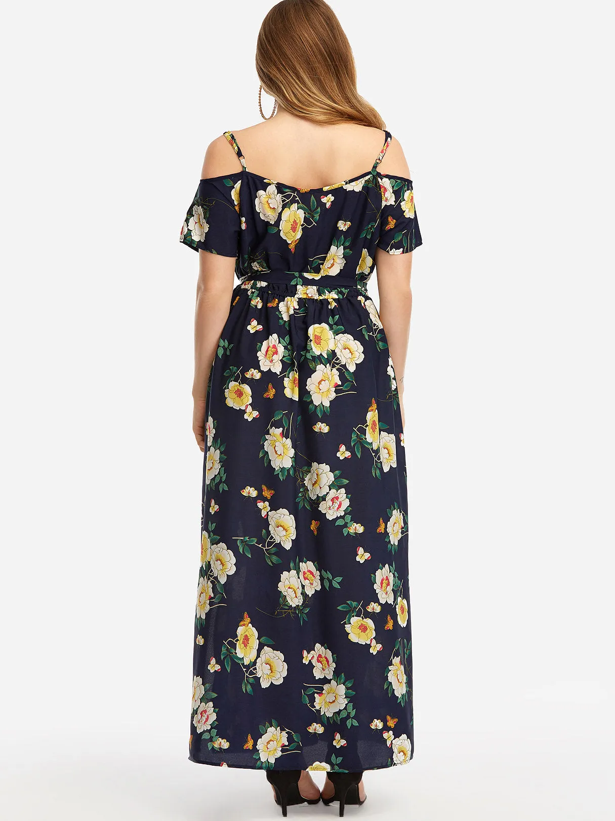 OEM ODM V-Neck Cold Shoulder Floral Print Self-Tie Short Sleeve Slit Hem Navy Plus Size Maxi Dresses