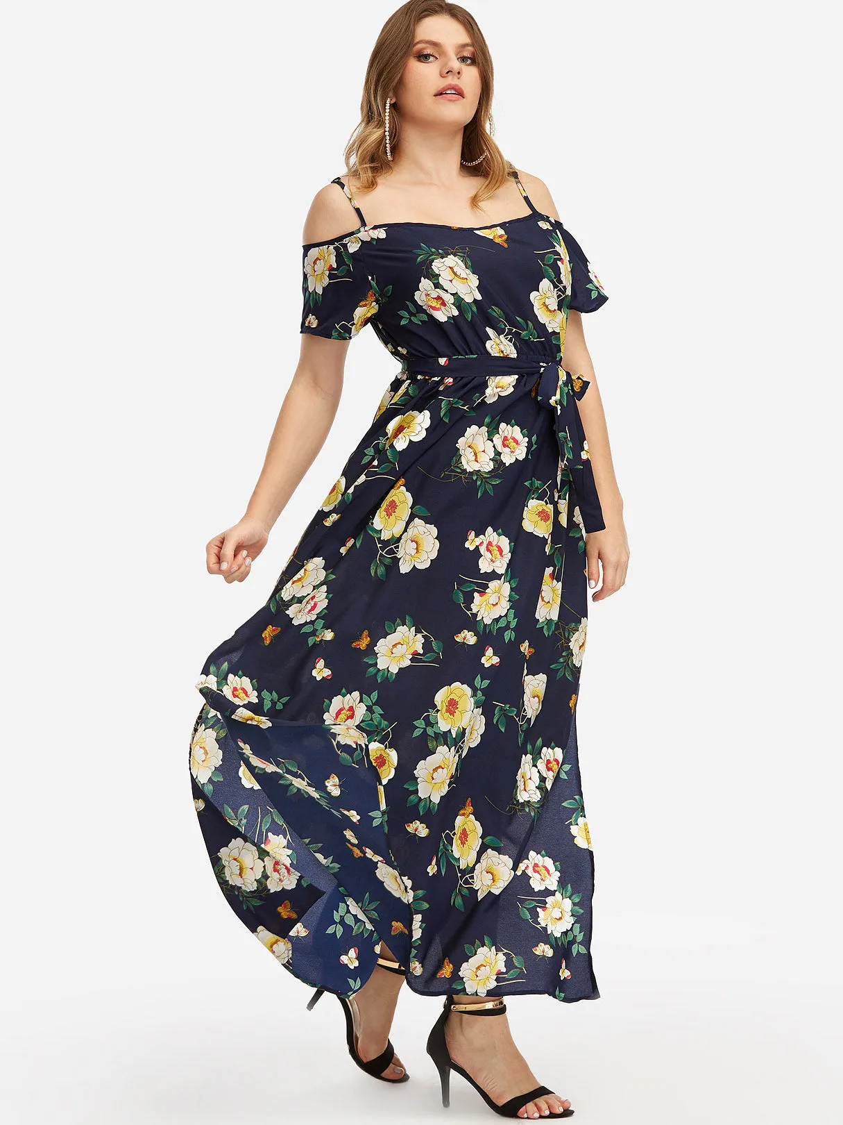 OEM ODM V-Neck Cold Shoulder Floral Print Self-Tie Short Sleeve Slit Hem Navy Plus Size Maxi Dresses