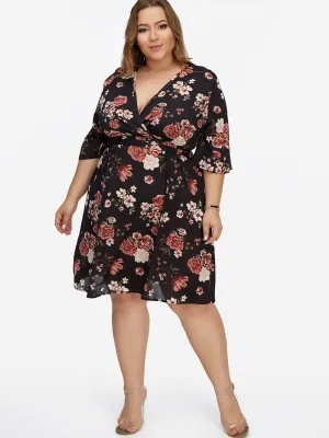 OEM ODM V-Neck Floral Print Lace-Up Half Sleeve Flounced Hem Black Plus Size Dresses