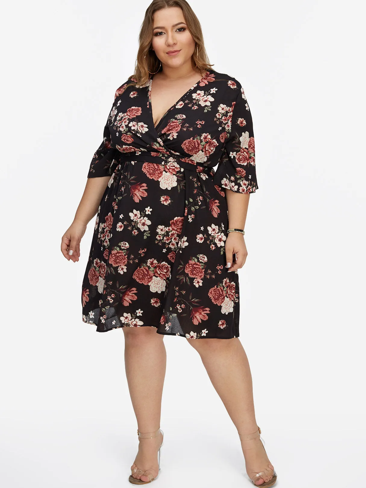OEM ODM V-Neck Floral Print Lace-Up Half Sleeve Flounced Hem Black Plus Size Dresses