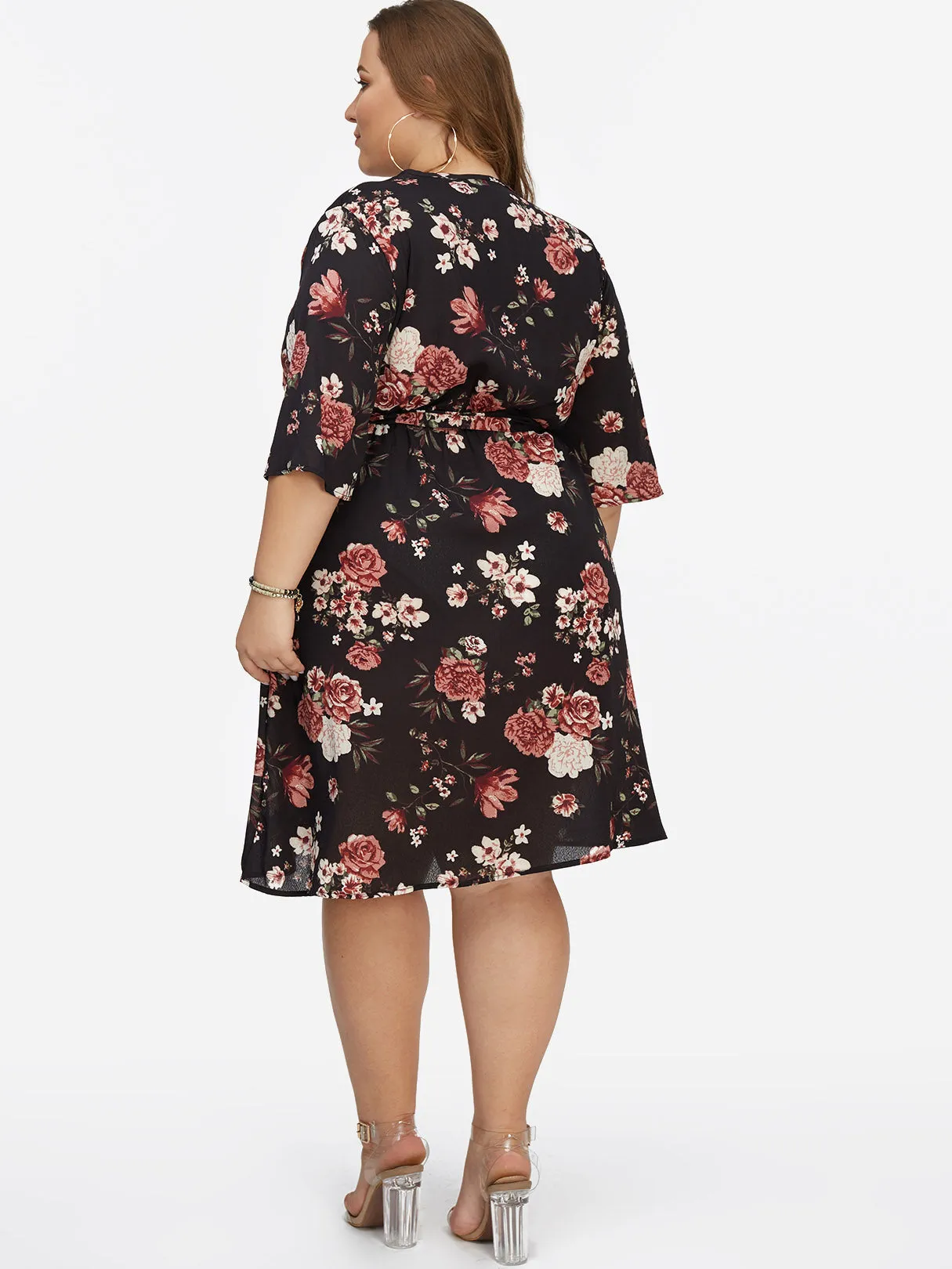 OEM ODM V-Neck Floral Print Lace-Up Half Sleeve Flounced Hem Black Plus Size Dresses