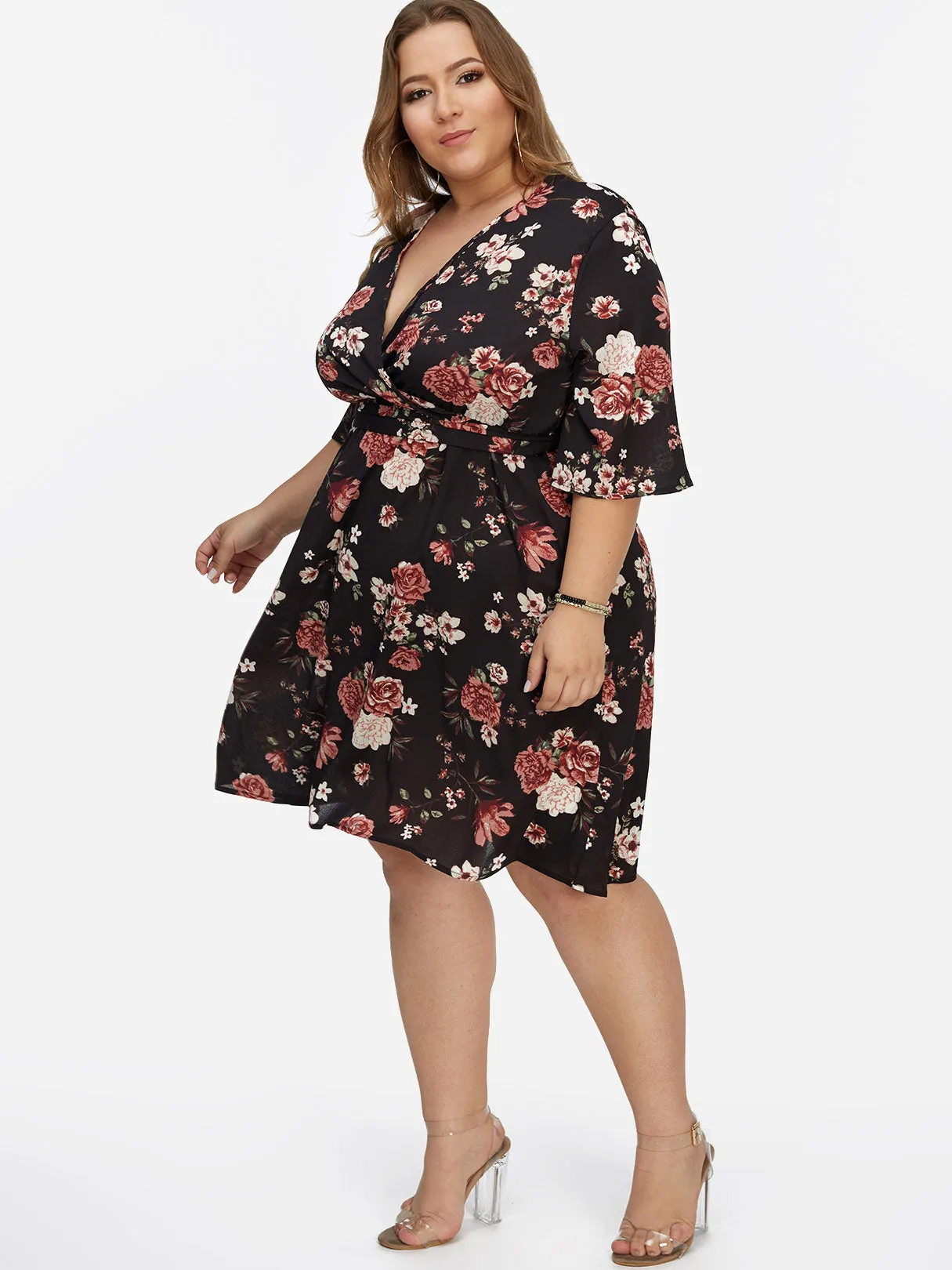 OEM ODM V-Neck Floral Print Lace-Up Half Sleeve Flounced Hem Black Plus Size Dresses