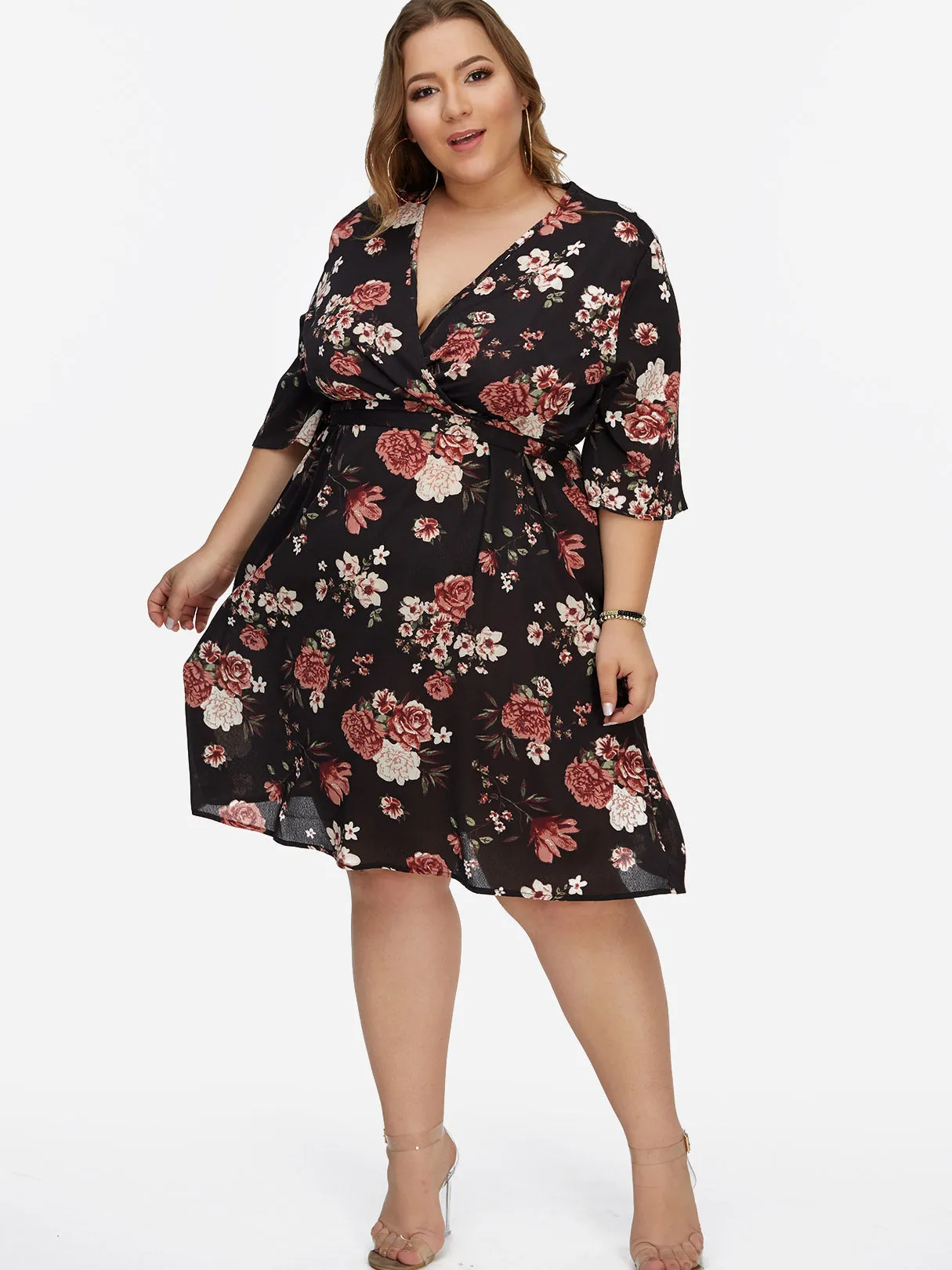 OEM ODM V-Neck Floral Print Lace-Up Half Sleeve Flounced Hem Black Plus Size Dresses