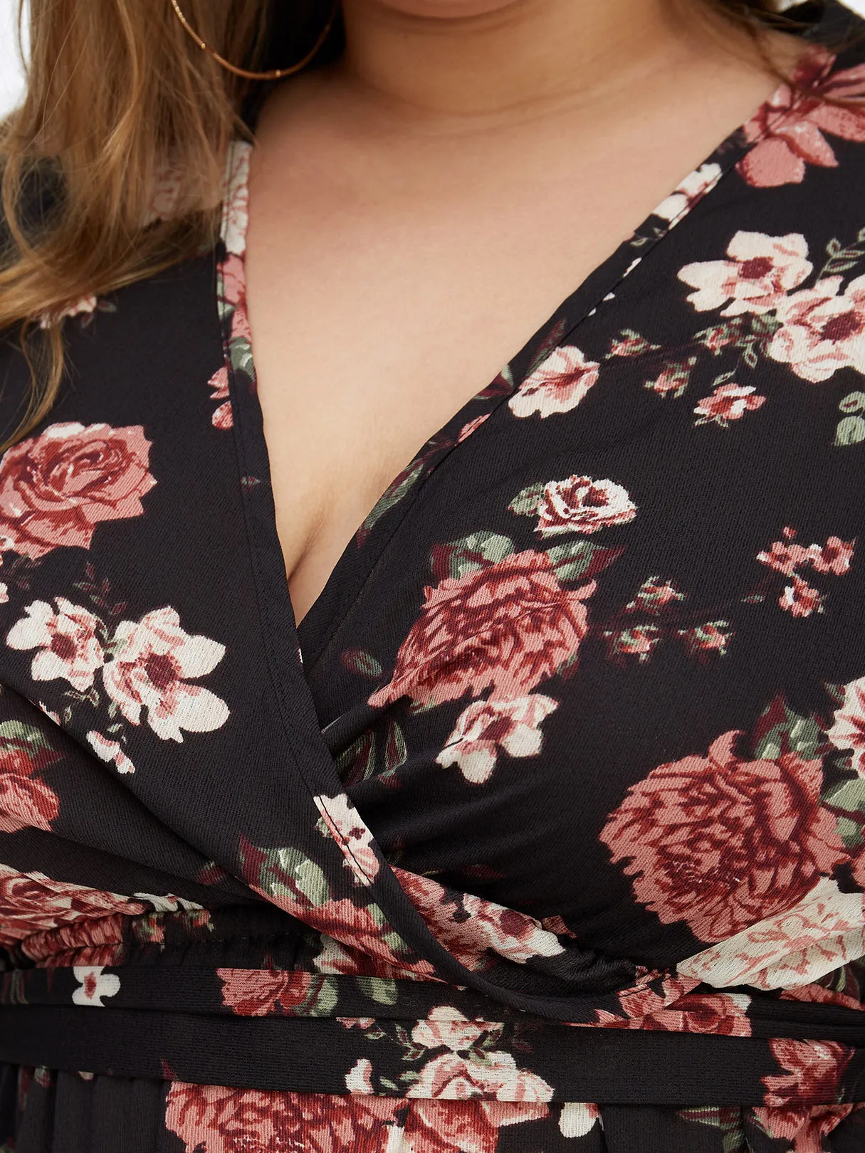 OEM ODM V-Neck Floral Print Lace-Up Half Sleeve Flounced Hem Black Plus Size Dresses
