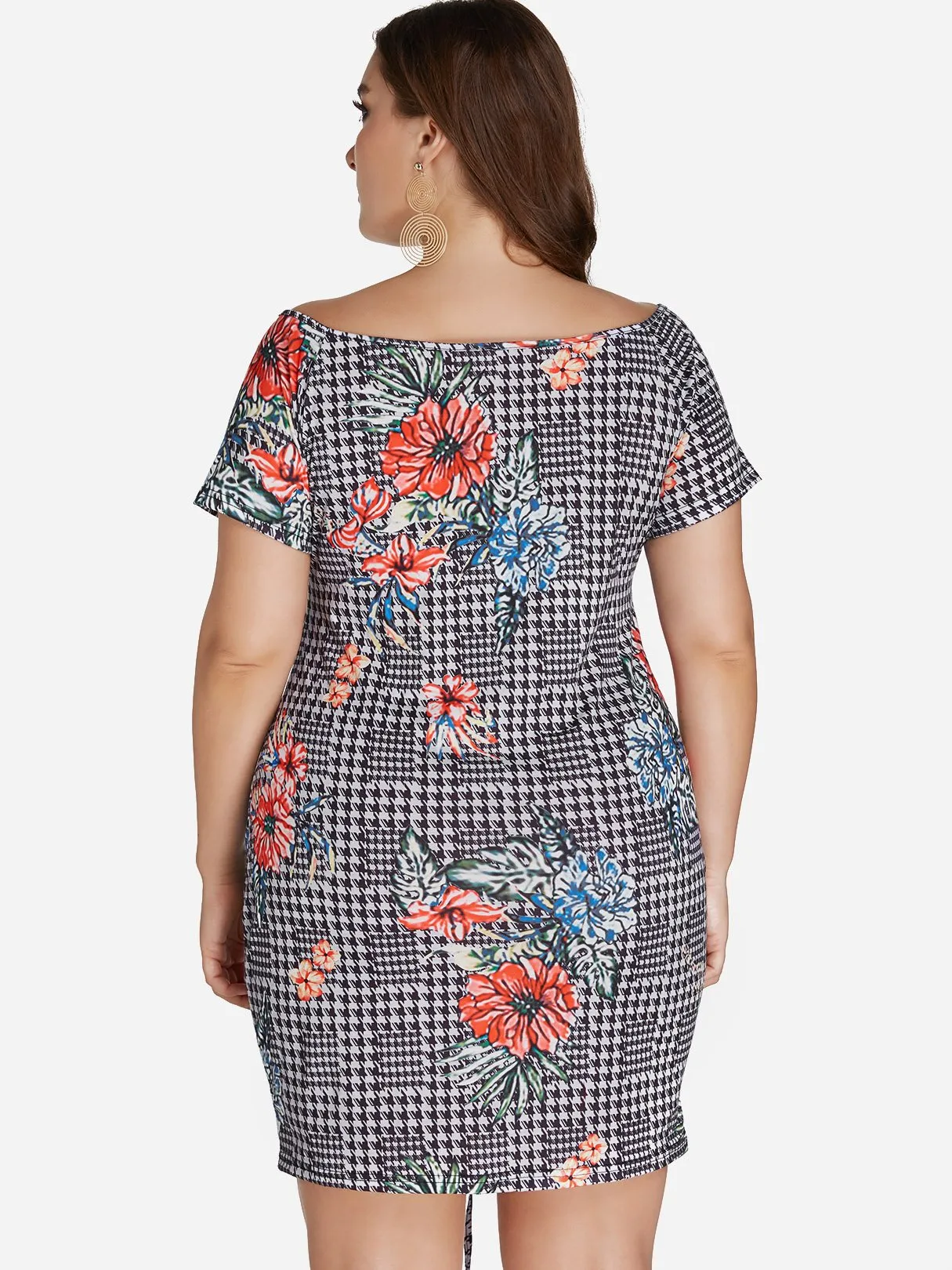 OEM ODM V-Neck Floral Print Self-Tie Short Sleeve Plus Size Dress