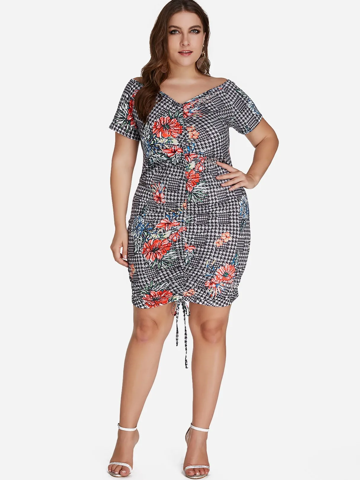 OEM ODM V-Neck Floral Print Self-Tie Short Sleeve Plus Size Dress