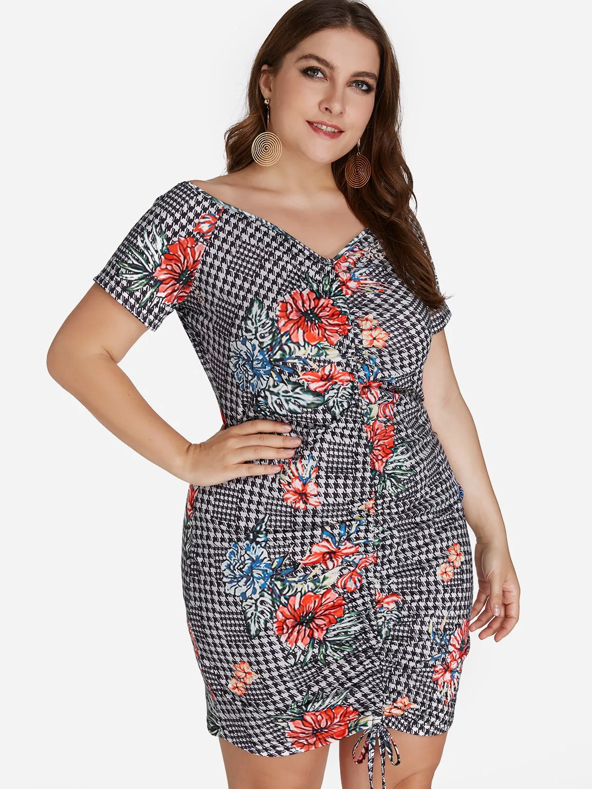 OEM ODM V-Neck Floral Print Self-Tie Short Sleeve Plus Size Dress
