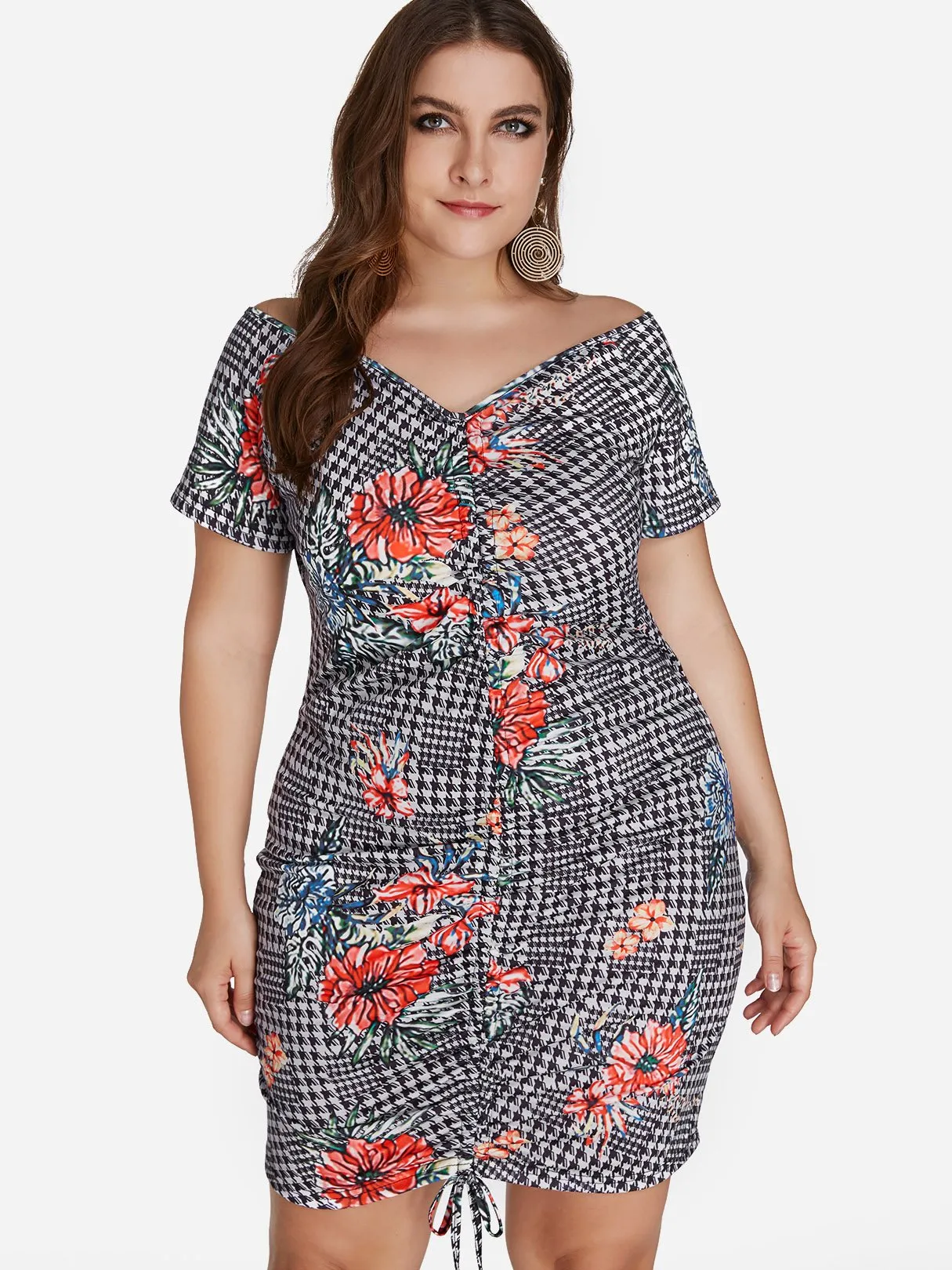 OEM ODM V-Neck Floral Print Self-Tie Short Sleeve Plus Size Dress