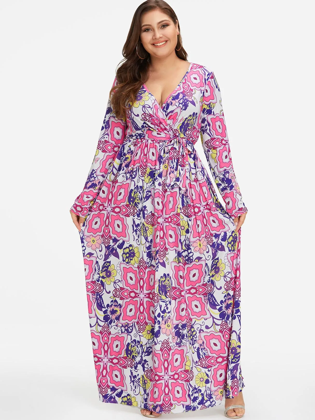 OEM ODM V-Neck Floral Print Self-Tie Wrap Long Sleeve Plus Size Dress