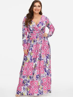 OEM ODM V-Neck Floral Print Self-Tie Wrap Long Sleeve Plus Size Dress
