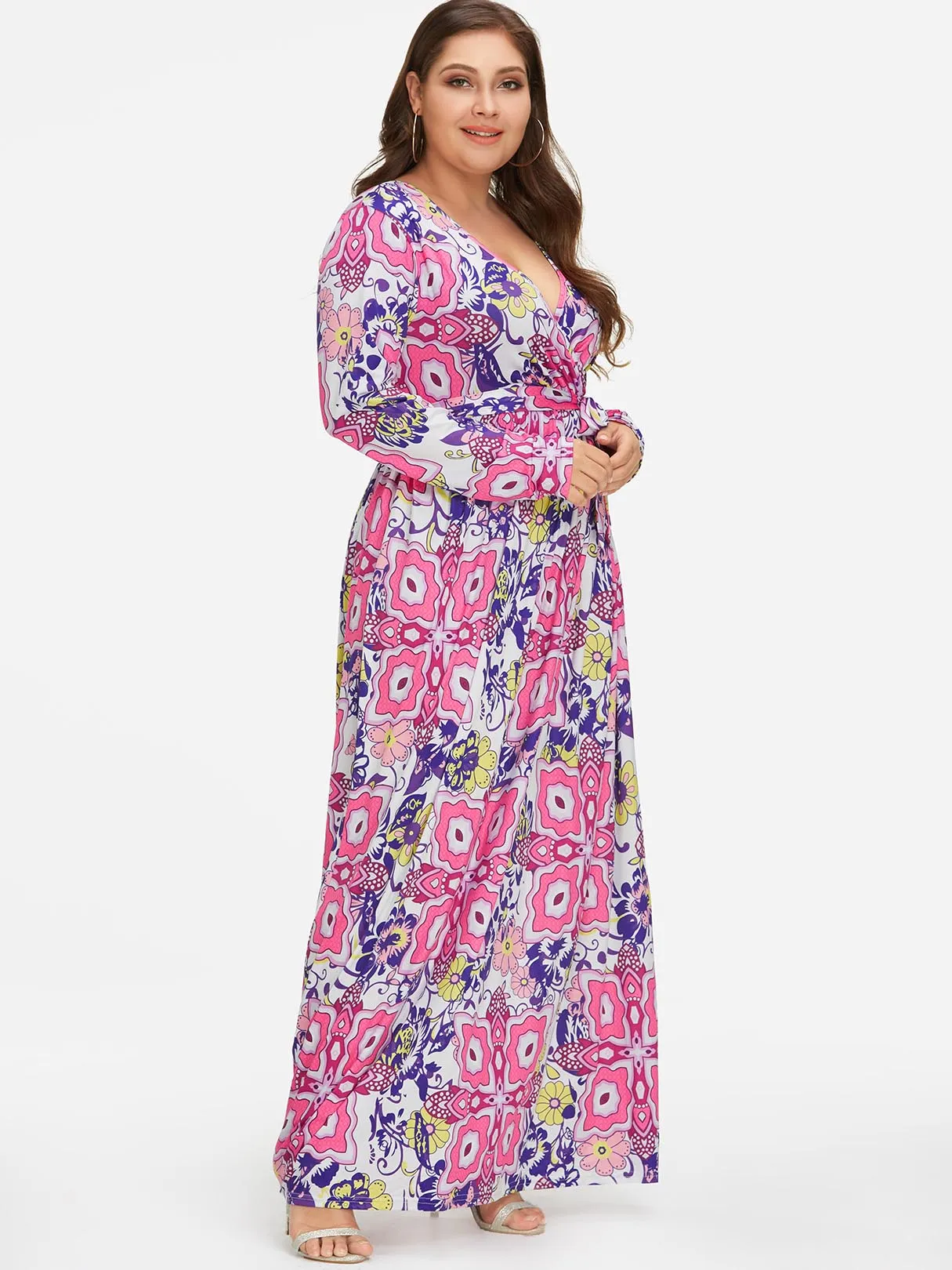 OEM ODM V-Neck Floral Print Self-Tie Wrap Long Sleeve Plus Size Dress